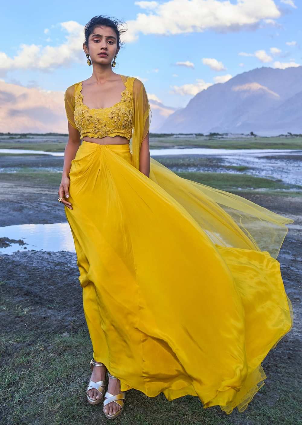 Yellow Pre Draped Skirt With Embroidered Corset Blouse And Cape