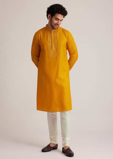 Yellow Embroidered Silk Kurta Set