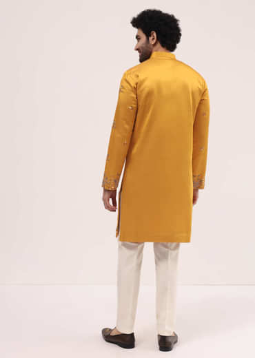 Yellow Embroidered Silk Kurta Set For Men