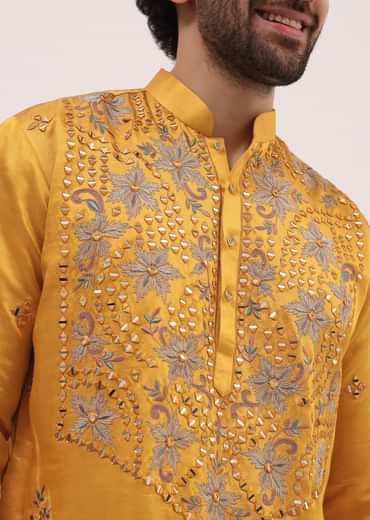 Yellow Embroidered Silk Kurta Set For Men