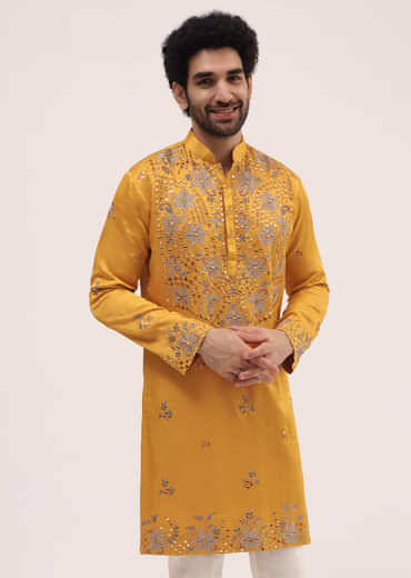 Yellow Embroidered Silk Kurta Set For Men