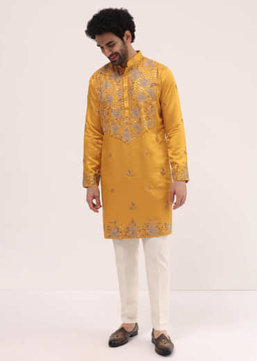 Yellow Embroidered Silk Kurta Set For Men