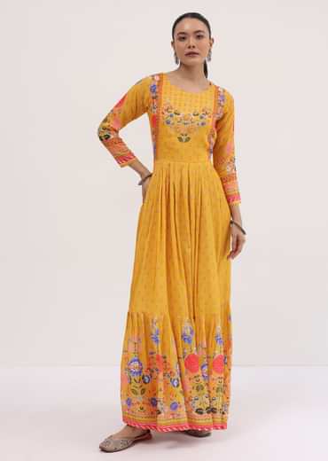 Yellow Embroidered Silk Long Kurti