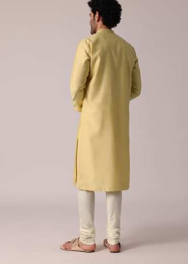 Yellow Festive Silk Kurta Set For Men