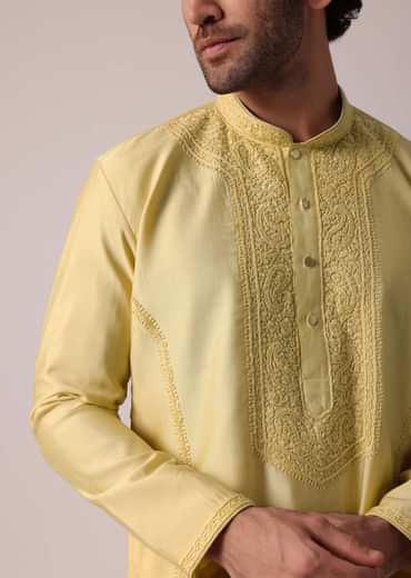 Yellow Festive Silk Kurta Set For Men