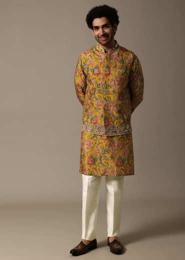 Yellow Floral Embroidered Silk Kurta Jacket Set For Men