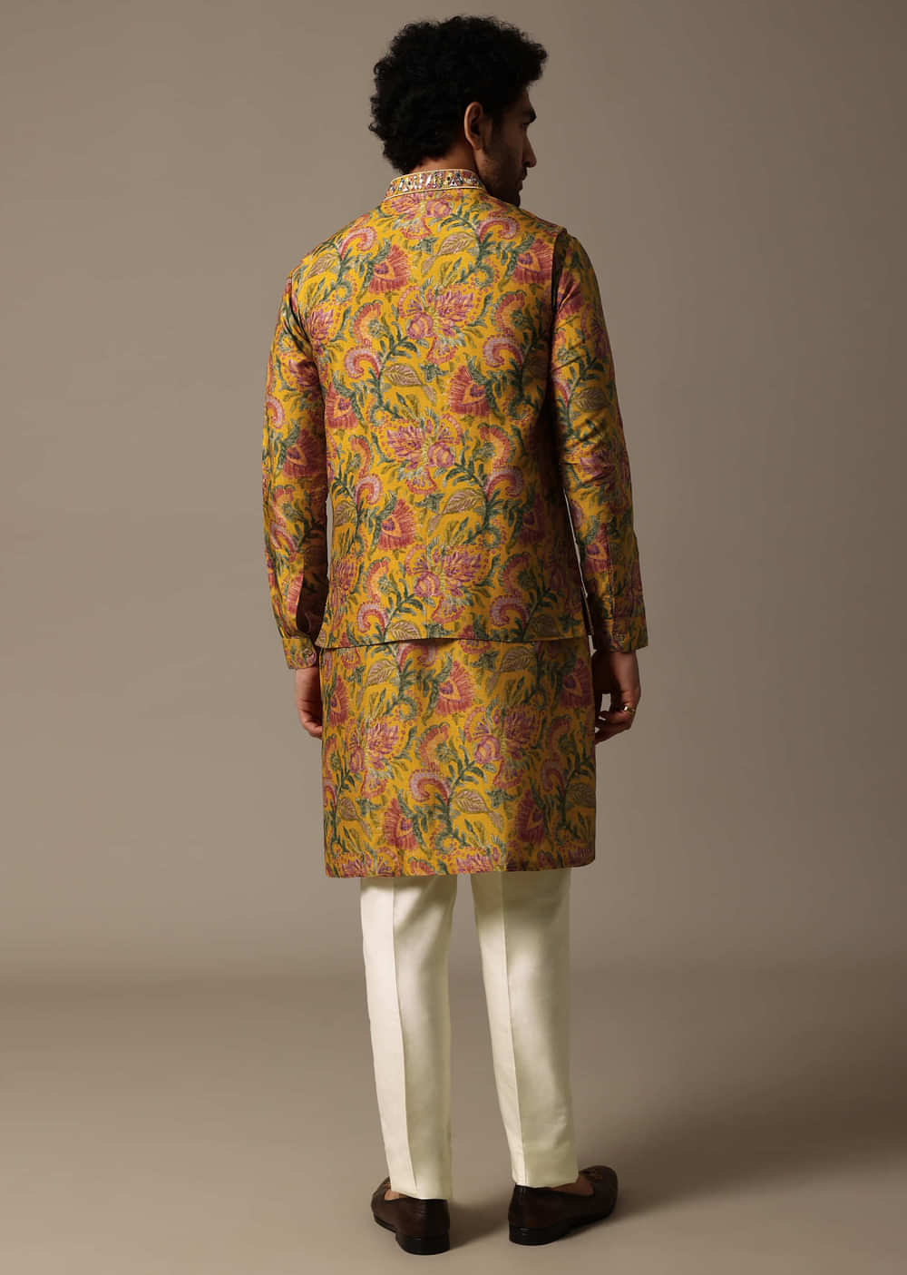 Yellow Floral Embroidered Silk Kurta Jacket Set For Men