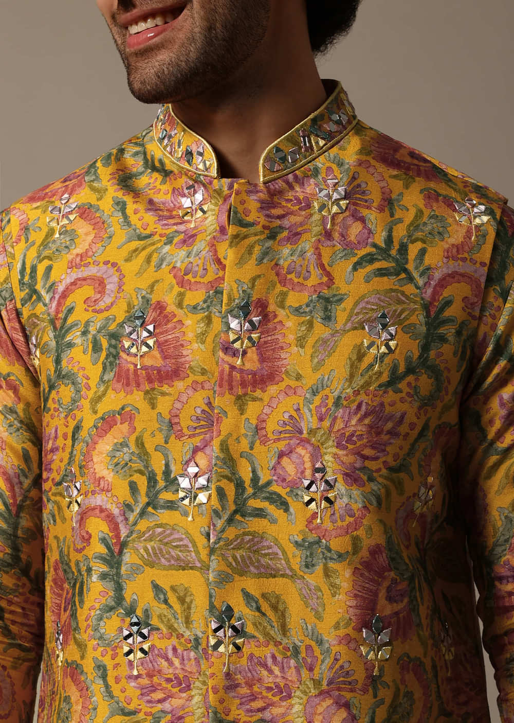 Yellow Floral Embroidered Silk Kurta Jacket Set For Men