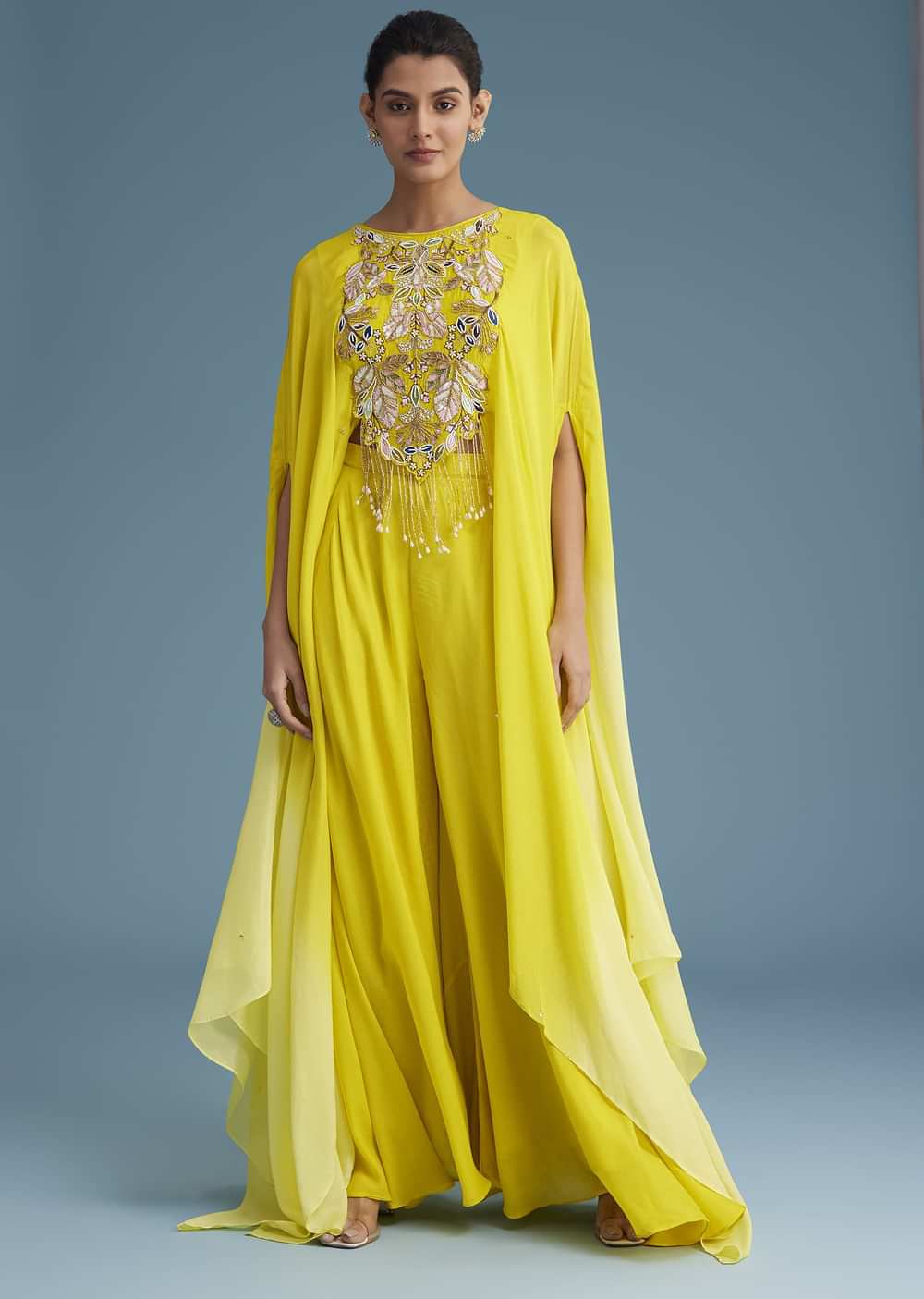 Yellow Georgette Crepe Palazzo Set With Ombre Sleeves