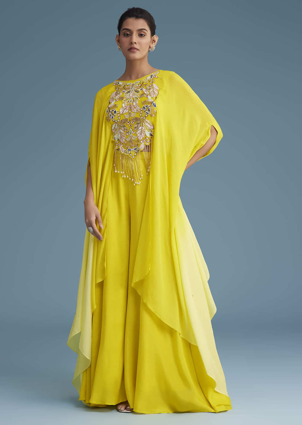 Yellow Georgette Crepe Palazzo Set With Ombre Sleeves