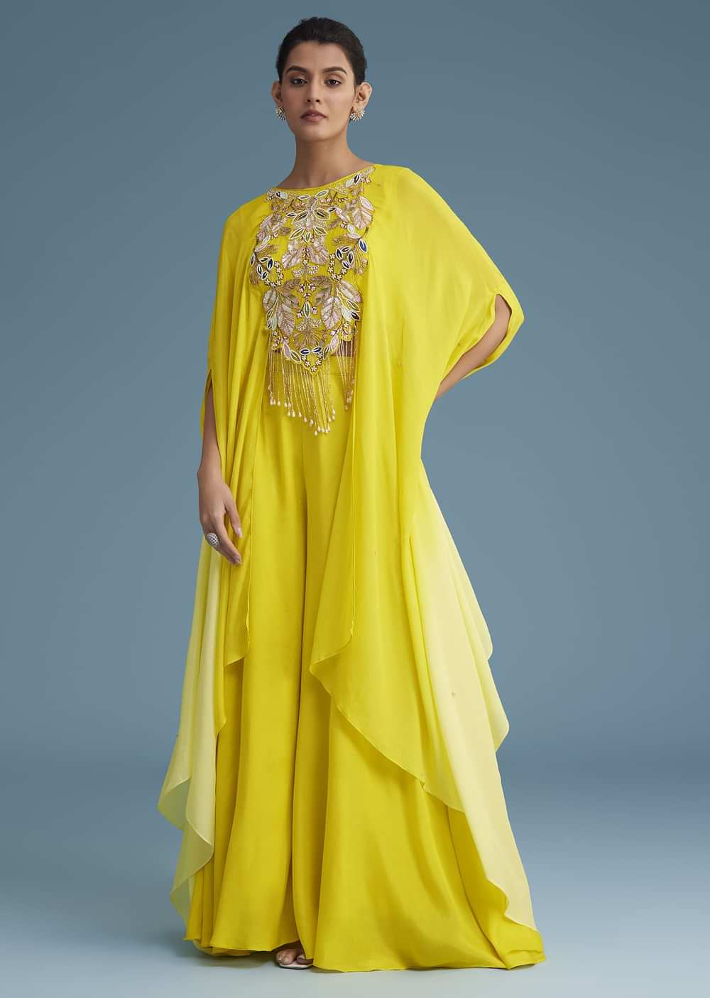 Yellow Georgette Crepe Palazzo Set With Ombre Sleeves