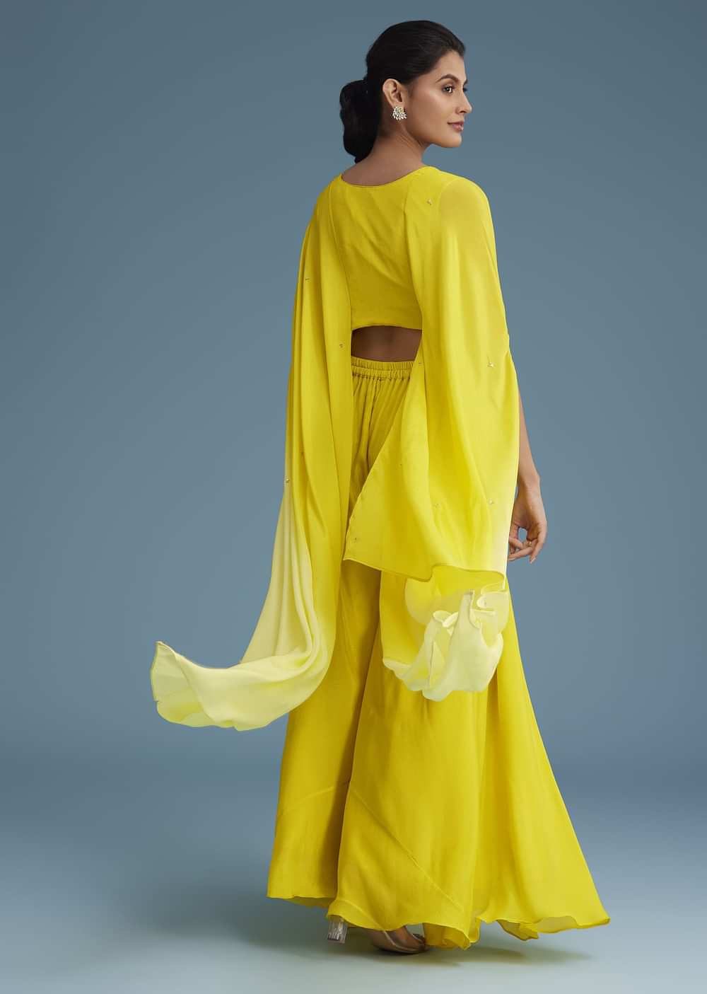 Yellow Georgette Crepe Palazzo Set With Ombre Sleeves