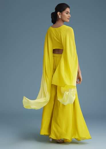 Yellow Georgette Crepe Palazzo Set With Ombre Sleeves