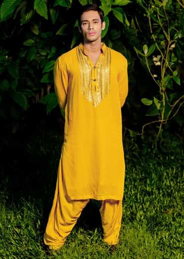 Yellow Gold Coin Work Kurta And Patiala Salwar Set
