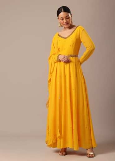 Yellow Hand Embroidered Anarkali Set With Belt And Frill Dupatta