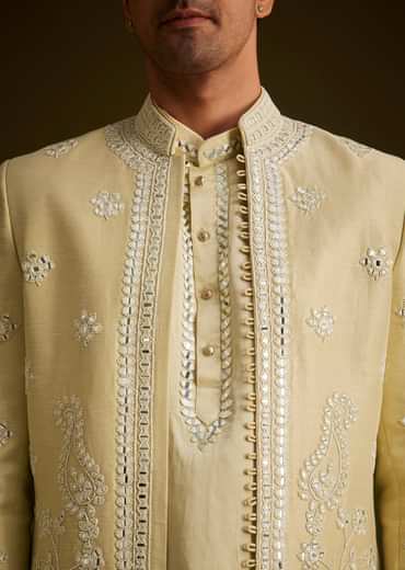 Yellow Hand Embroidered Sherwani Set