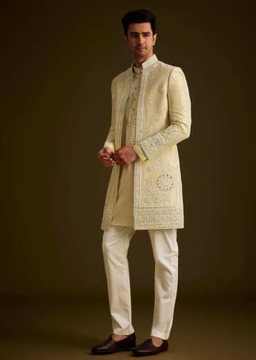 Yellow Hand Embroidered Sherwani Set