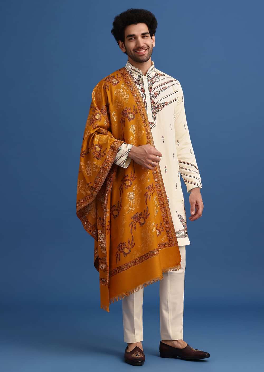 Yellow Hand Worked Kurta Set With Printed Dupatta