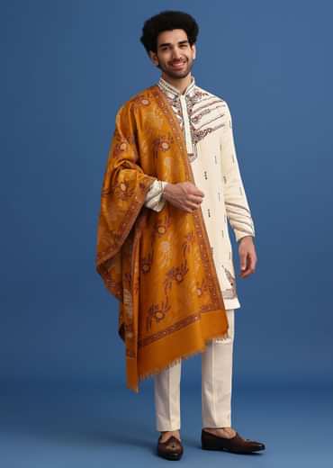 Yellow Hand Worked Kurta Set With Printed Dupatta