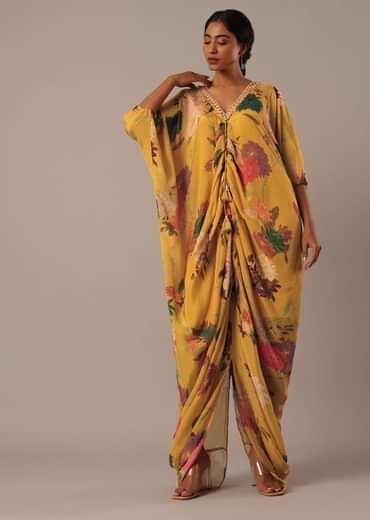 Yellow Kaftan Style Kurta Set With Floral Prints
