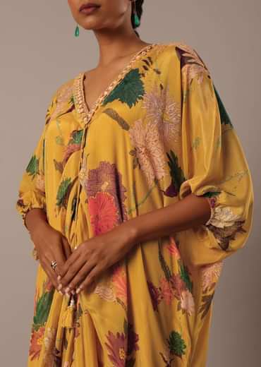 Yellow Kaftan Style Kurta Set With Floral Prints