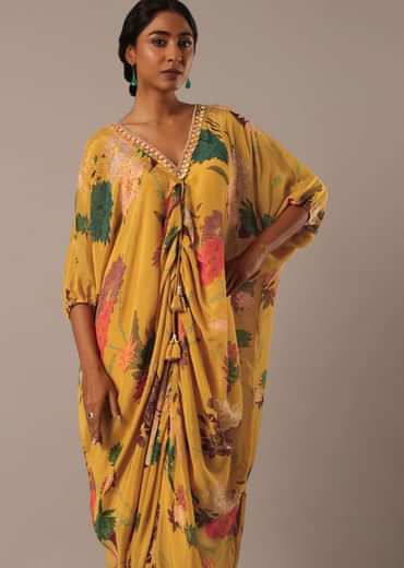 Yellow Kaftan Style Kurta Set With Floral Prints