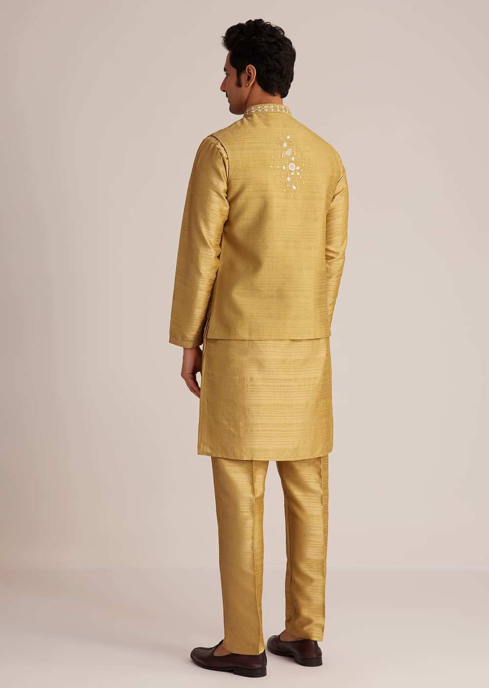 Yellow Kurta Pant Set With Embroidered Nehru Jacket