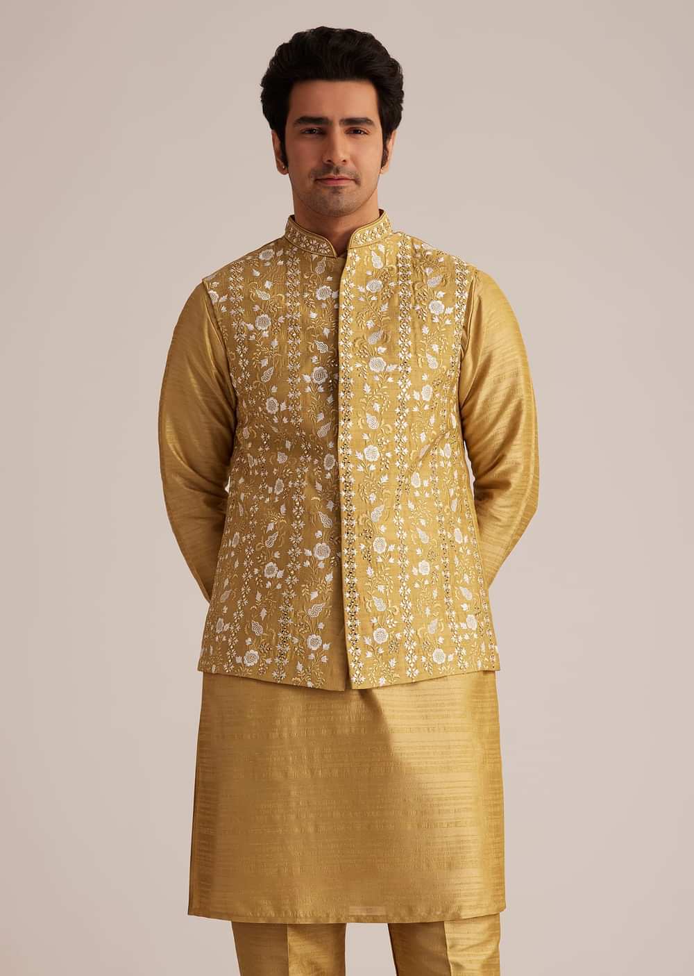Yellow Kurta Pant Set With Embroidered Nehru Jacket