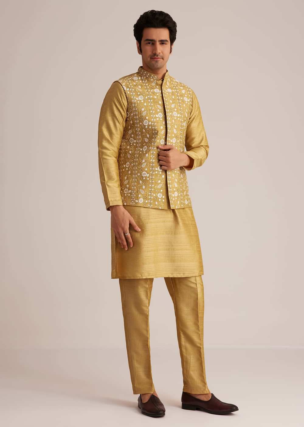 Yellow Kurta Pant Set With Embroidered Nehru Jacket