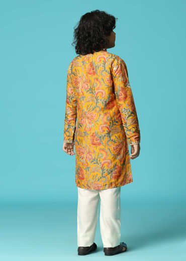 Yellow Kurta Pant With Thread And Mirror Work For Boys