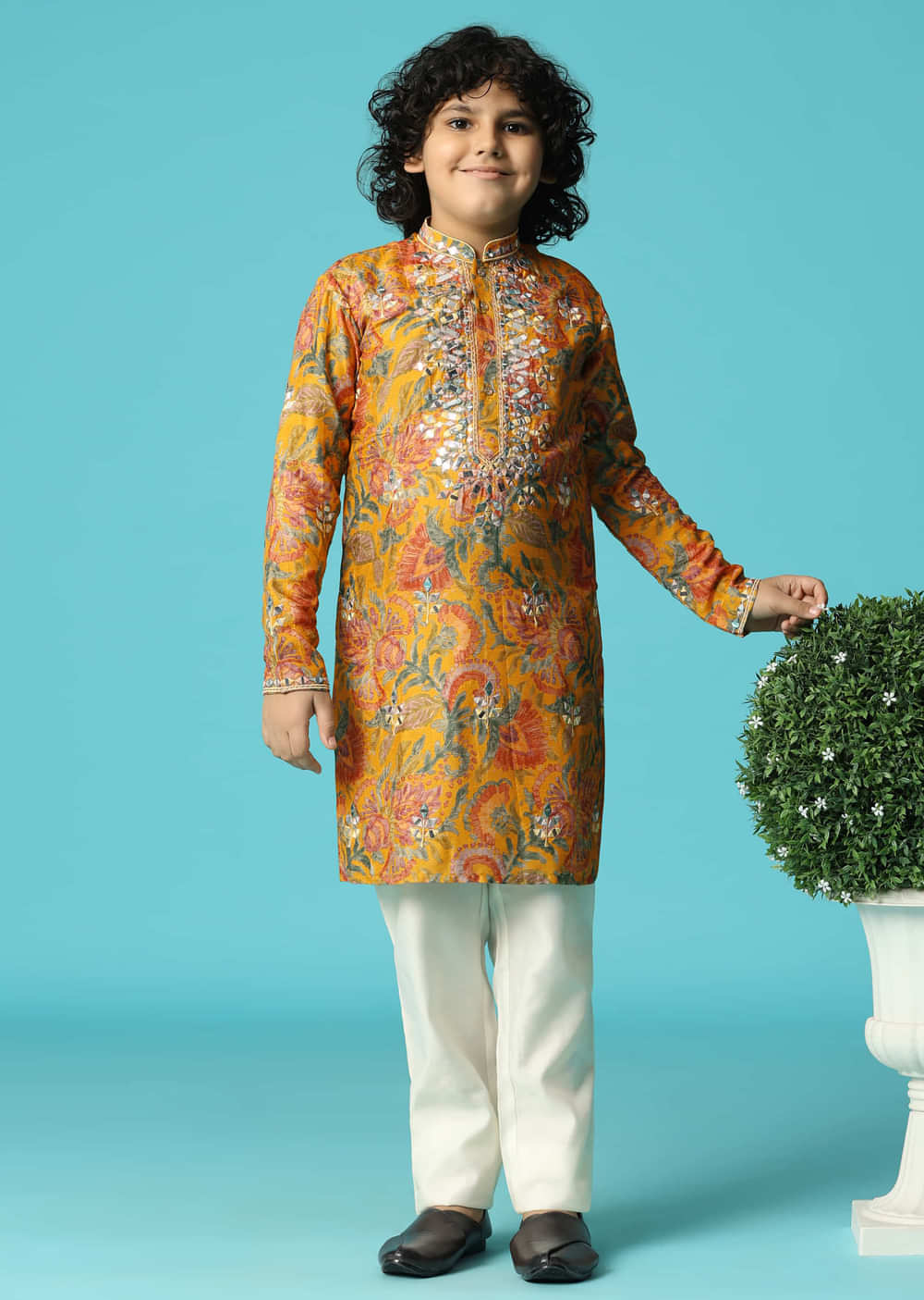Yellow Kurta Pant With Thread And Mirror Work For Boys