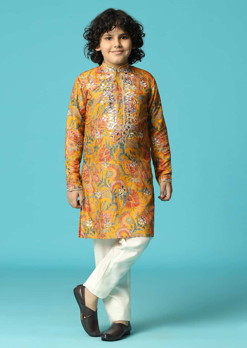Yellow Kurta Pant With Thread And Mirror Work For Boys