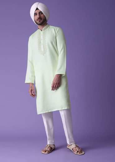 Yellow Kurta Set In Raw Silk With Threadwork