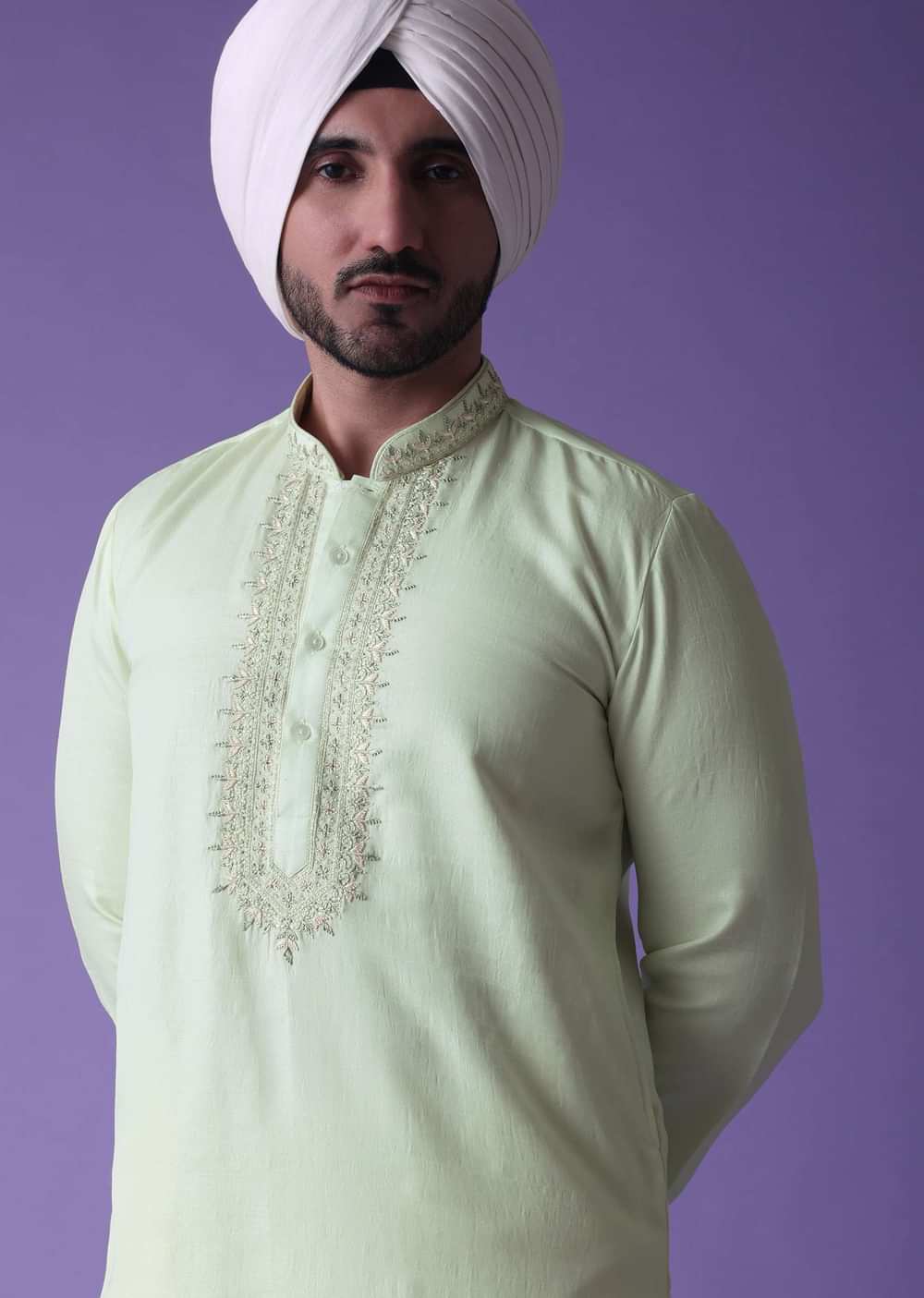 Yellow Kurta Set In Raw Silk With Threadwork