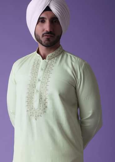 Yellow Kurta Set In Raw Silk With Threadwork