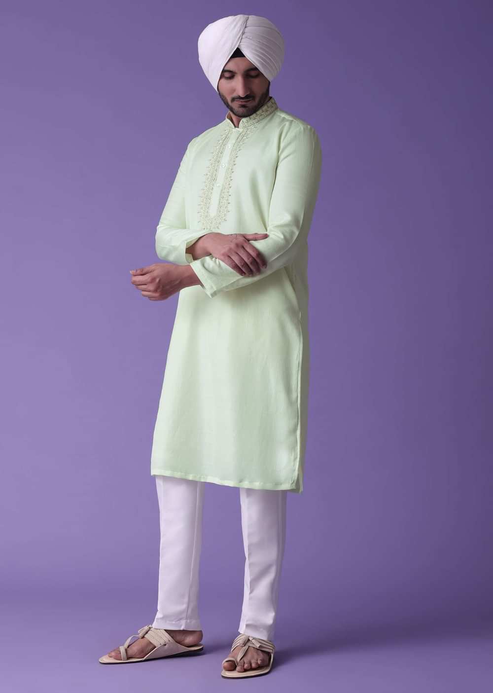 Yellow Kurta Set In Raw Silk With Threadwork