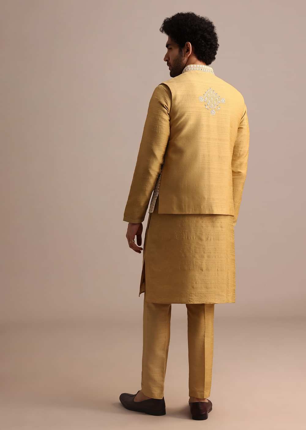 Yellow Kurta Set With Thread And Mirror Embroidered Jacket