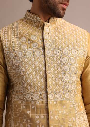 Yellow Kurta Set With Thread And Mirror Embroidered Jacket