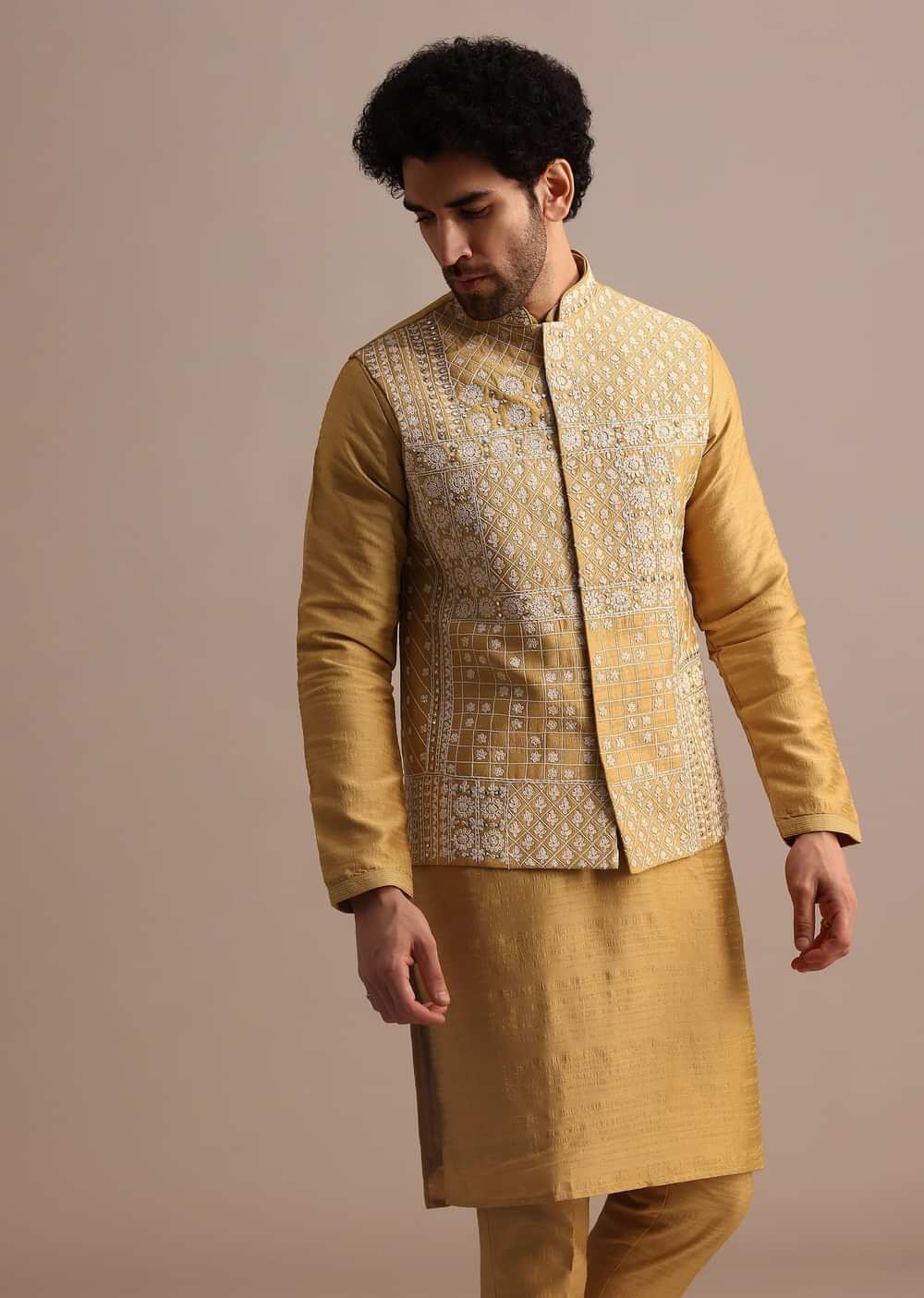 Yellow Kurta Set With Thread And Mirror Embroidered Jacket