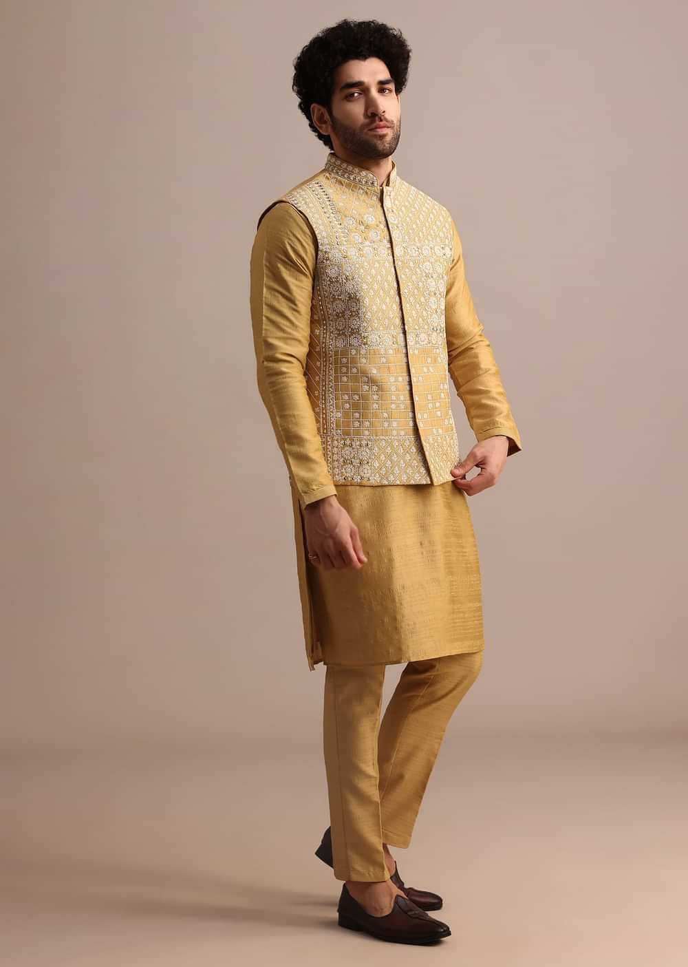 Yellow Kurta Set With Thread And Mirror Embroidered Jacket