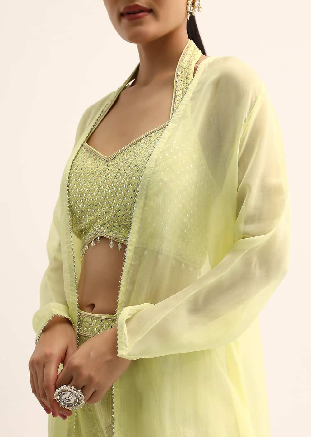 Yellow Mirror Crop Top With Jacket And Sharara