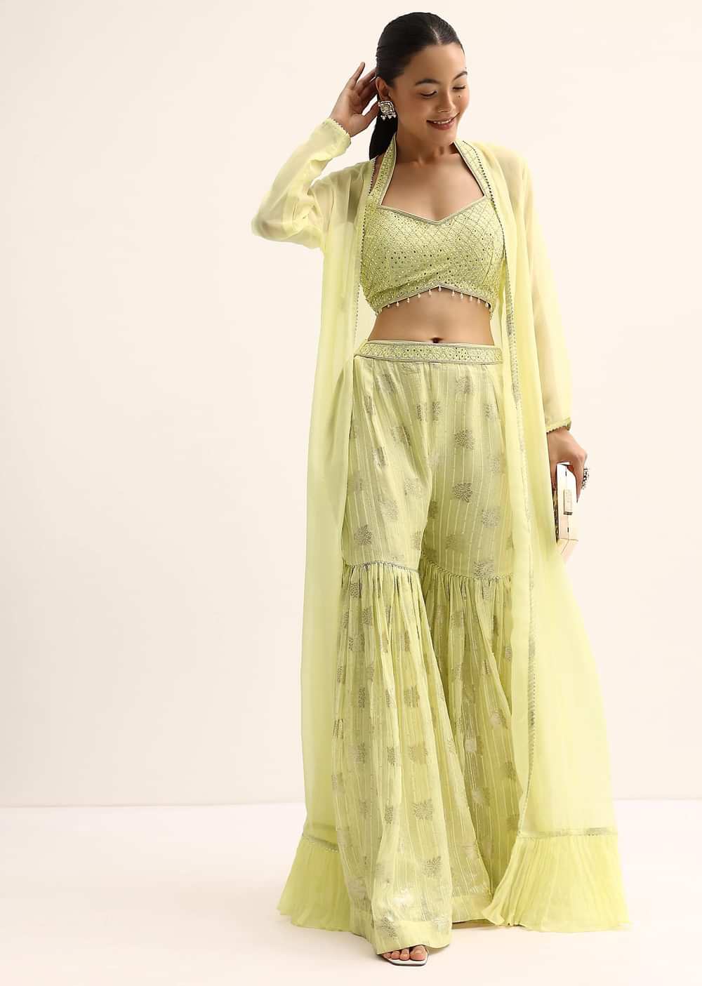 Yellow Mirror Crop Top With Jacket And Sharara