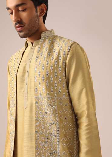Yellow Mirror Work Long Jacket And Kurta Set