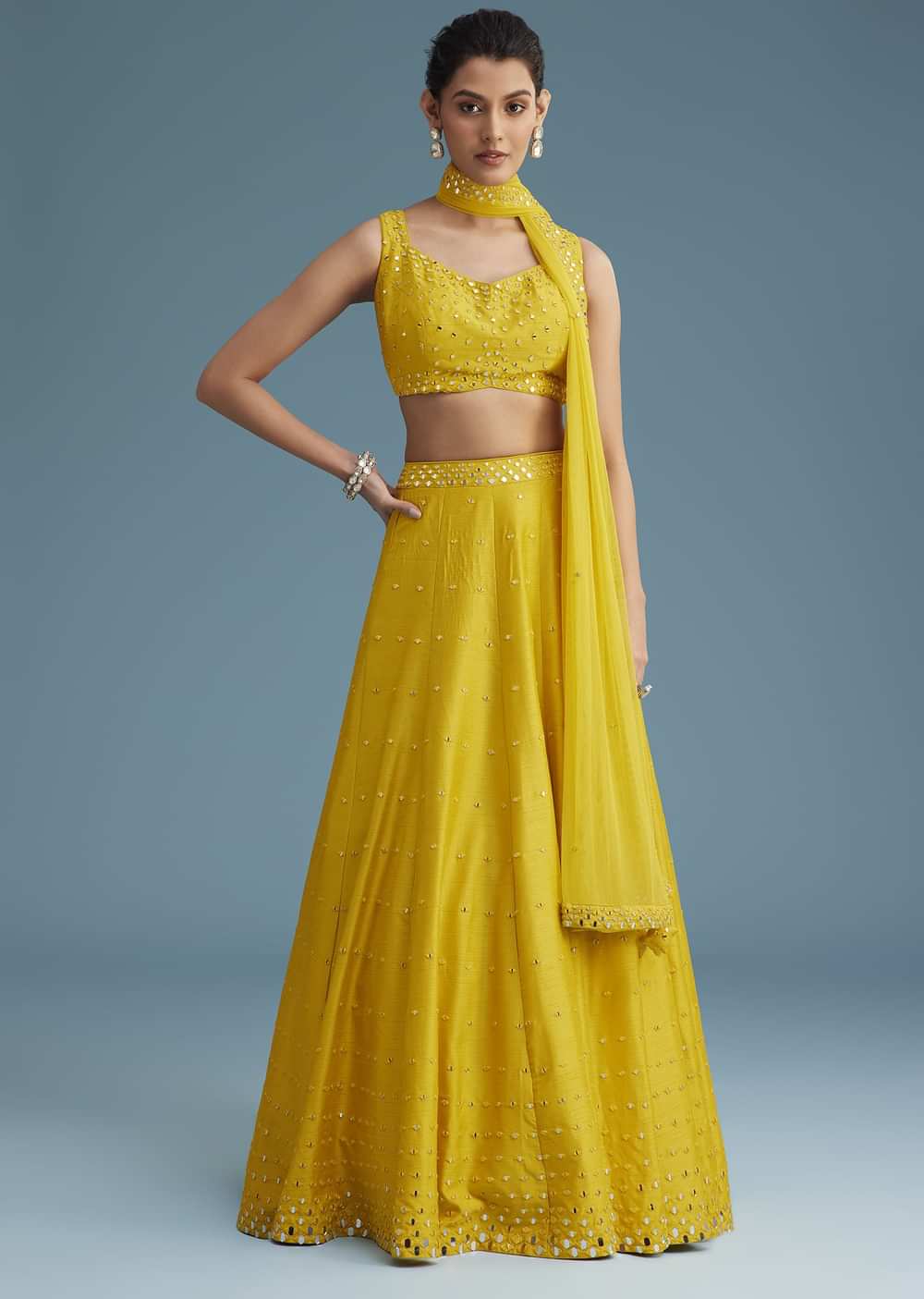 Yellow Nysa Silk Lehenga Set With Mirror Work