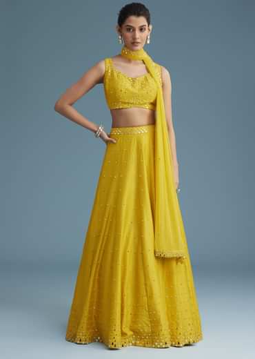 Yellow Nysa Silk Lehenga Set With Mirror Work