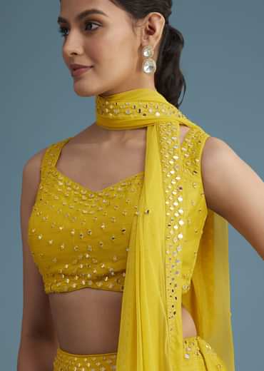 Yellow Nysa Silk Lehenga Set With Mirror Work