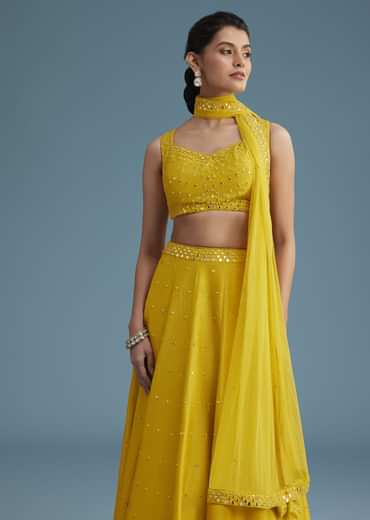 Yellow Nysa Silk Lehenga Set With Mirror Work
