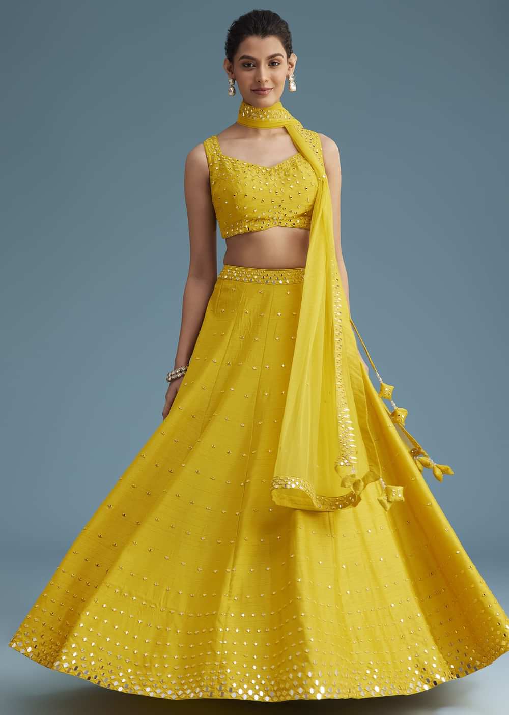 Yellow Nysa Silk Lehenga Set With Mirror Work
