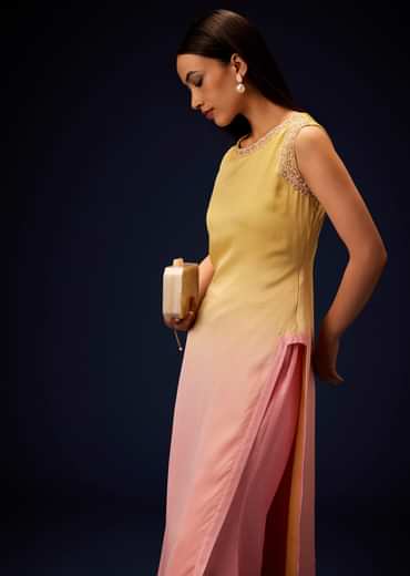Yellow Ombre A Line Kurta With Bell Bottom Pants
