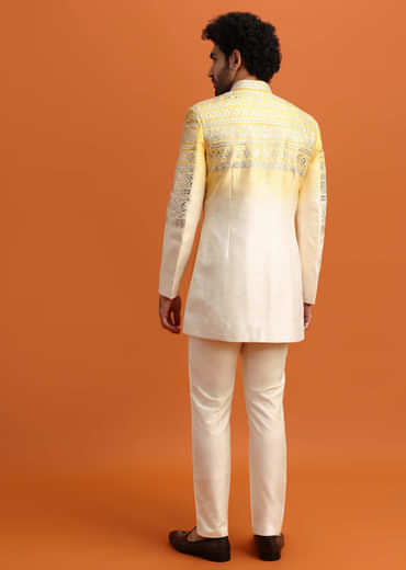 Yellow Ombre Indowestern Set With Foil Applique For Men